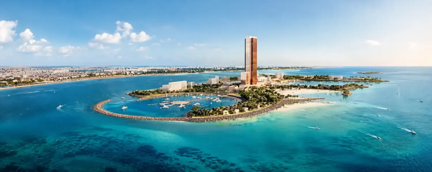 Aerial view of Wynn Al Marjan Island and surrounding waterfront developments