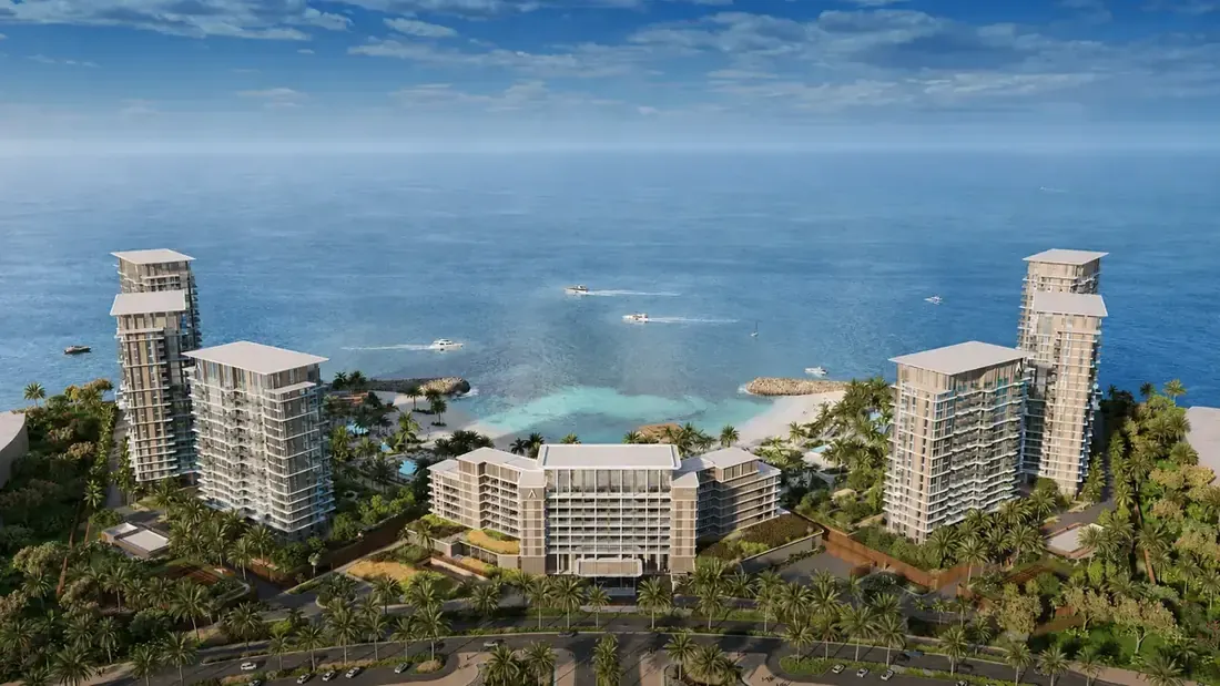 Full aerial rendering of Address Residences Al Marjan Island showing the complete beachfront development