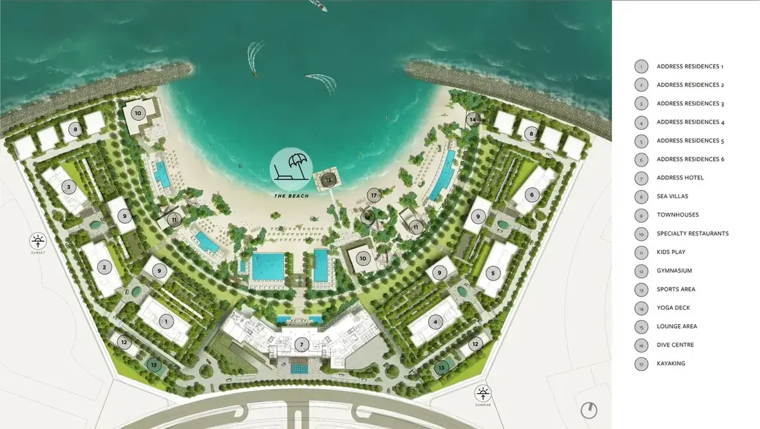 Address Residences Al Marjan Island site master plan showing residences, hotel, sea villas, townhouses, beach and amenities