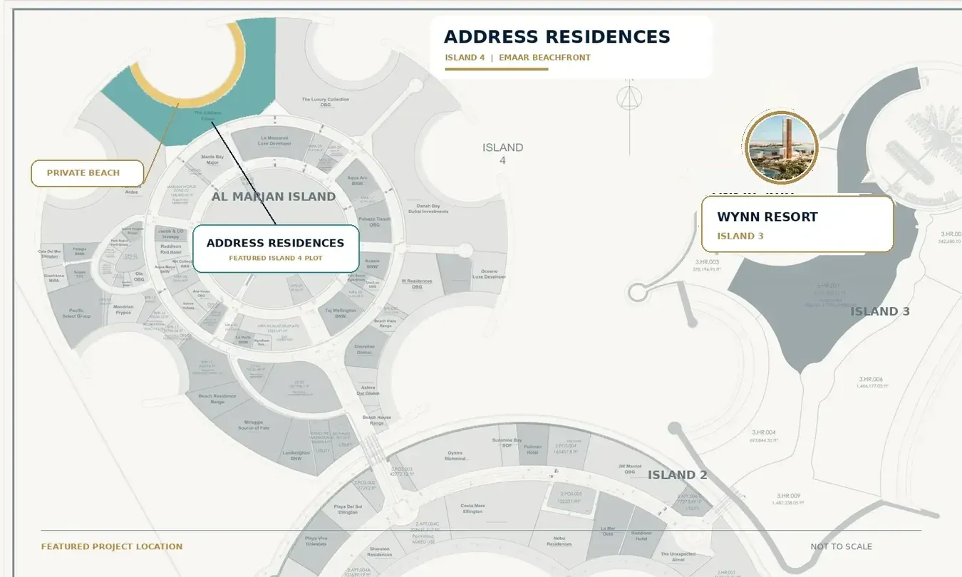 Location map showing the Address Residences plot on Island 4 and its position relative to Wynn Resort on Island 3, Al Marjan Island