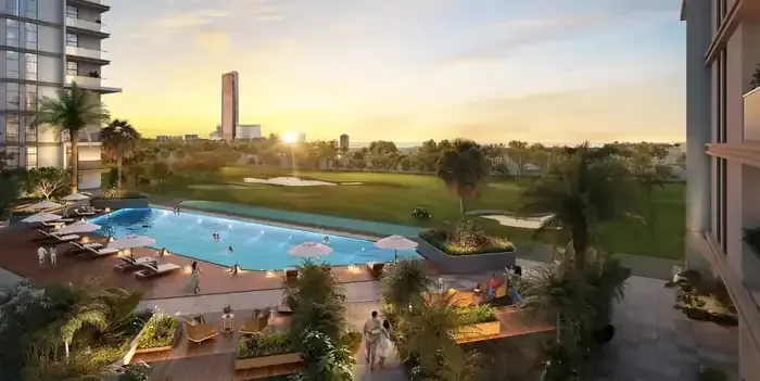 Pool at Al Hamra Greens overlooking the golf course