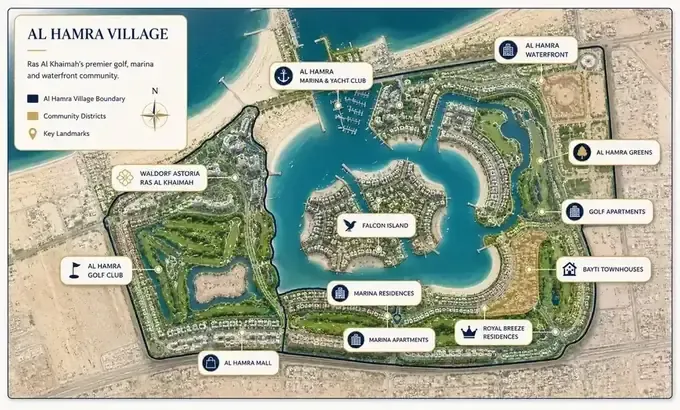 Al Hamra Village master community map showing the waterfront, golf club, marina and residential districts