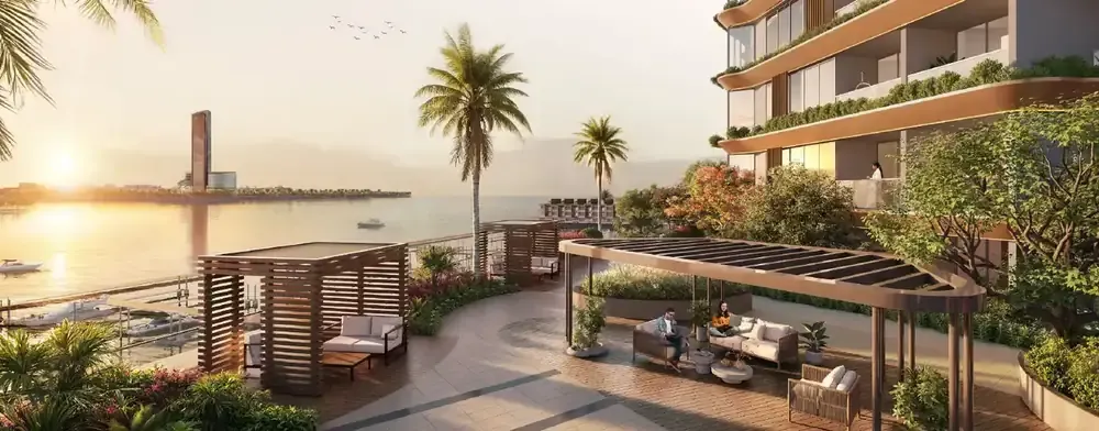Indicative landscaped waterfront garden at Al Hamra Waterfront with Wynn view