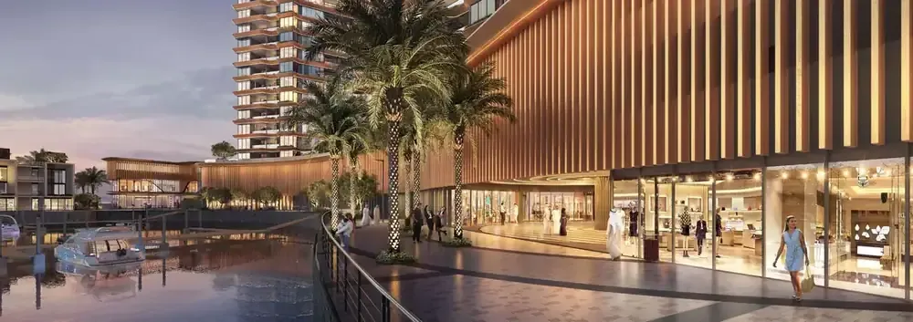 Developer rendering of the Al Hamra Waterfront promenade and retail frontage