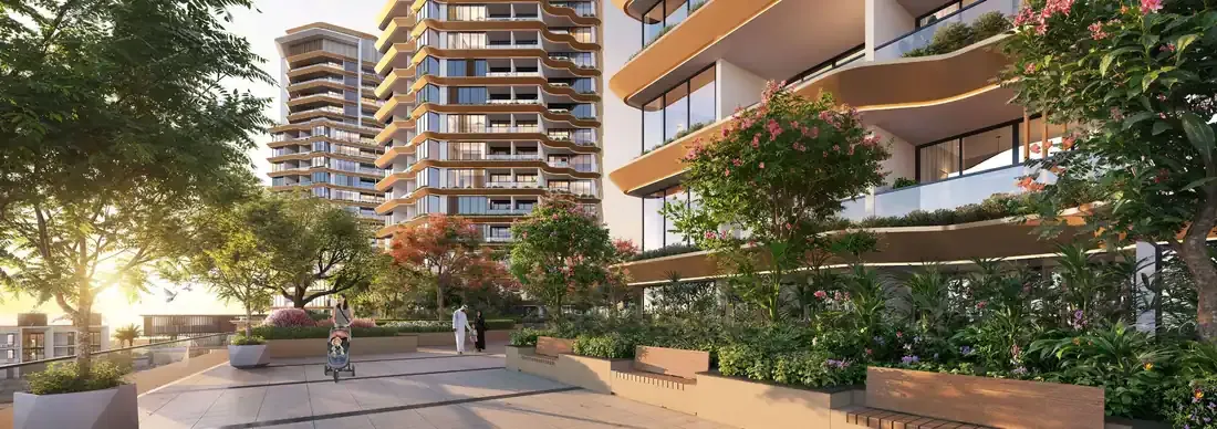 Developer rendering of landscaped paths between Al Hamra Waterfront residences