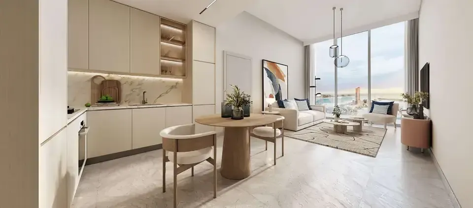 Indicative kitchen and living finish at Al Hamra Waterfront