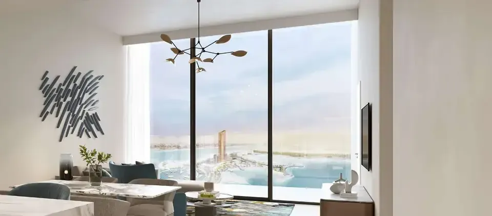 Indicative Al Hamra Waterfront living room with marina view