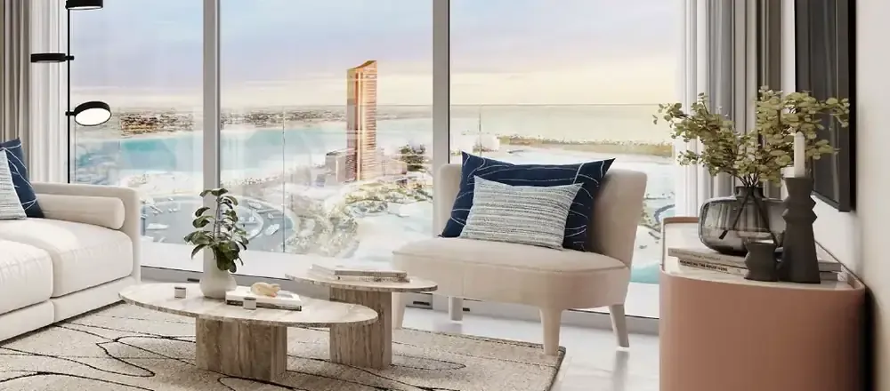 Indicative living room view towards Wynn Al Marjan Island from Al Hamra Waterfront