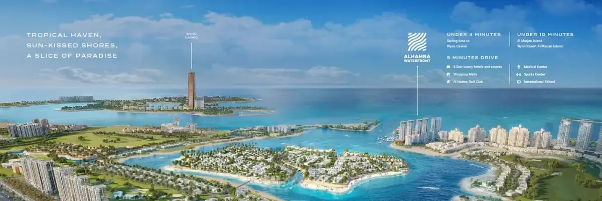 Illustrated location overview showing Al Hamra Waterfront and Wynn Al Marjan Island