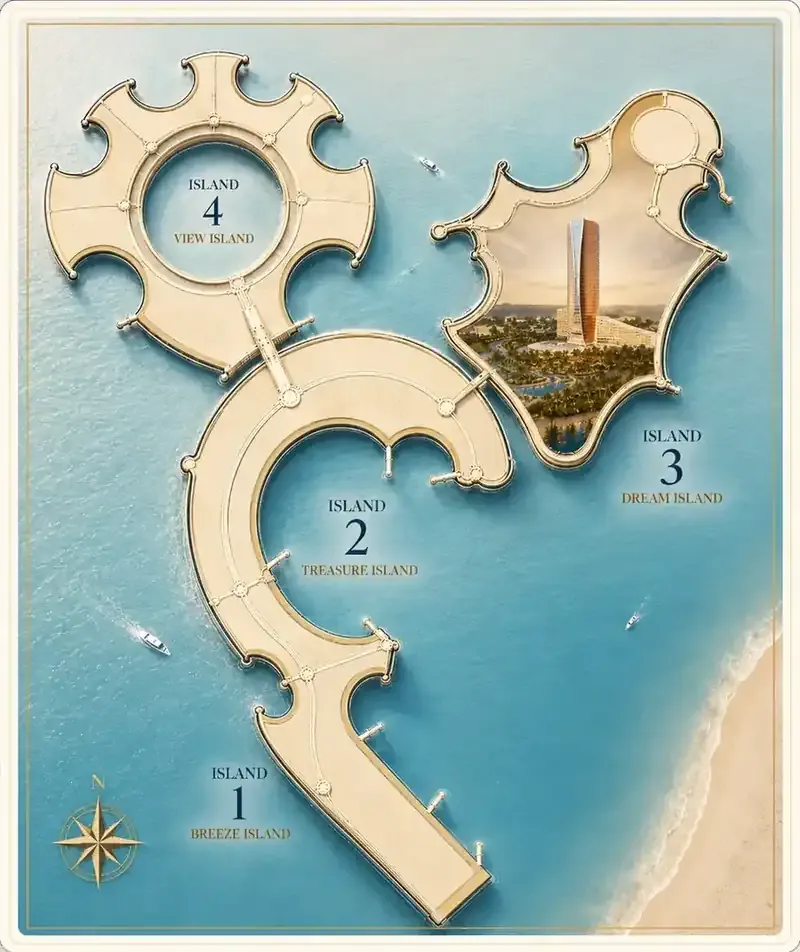 Al Marjan Island location map showing Breeze Island, Treasure Island, Dream Island and View Island