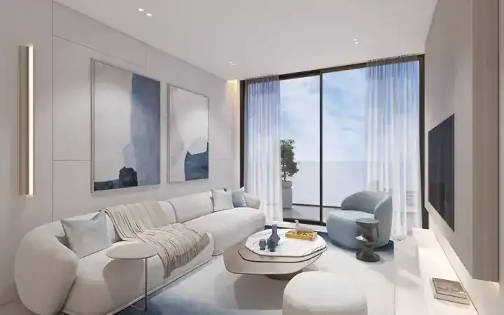 Arthouse one-bedroom living room with balcony glazing