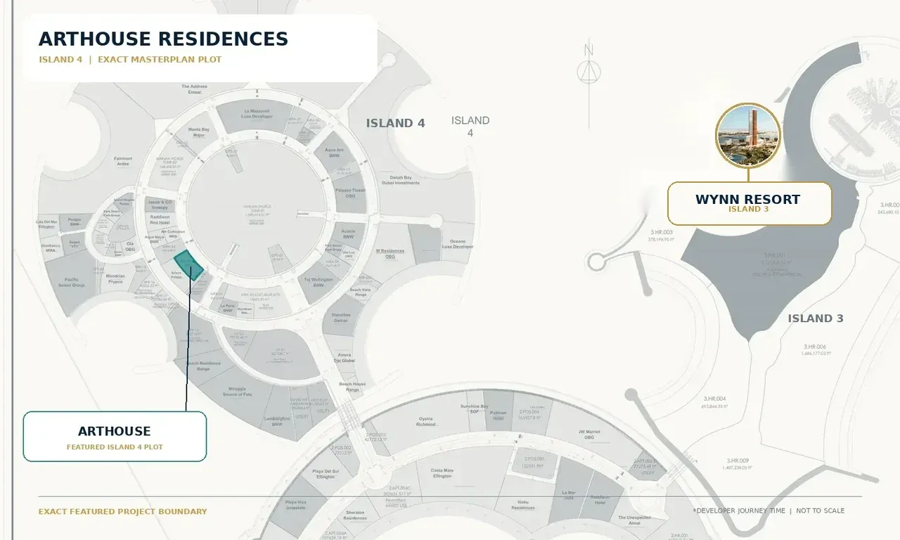 Al Marjan Island masterplan highlighting the exact Arthouse Residences plot on Island 4 and Wynn Resort on Island 3