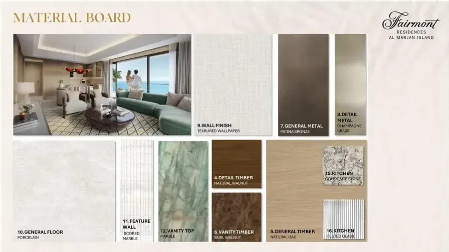 Fairmont Residences material board with sample finishes and furniture palette