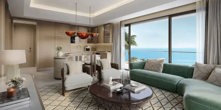 Fairmont Residences living room with floor-to-ceiling windows and sea view