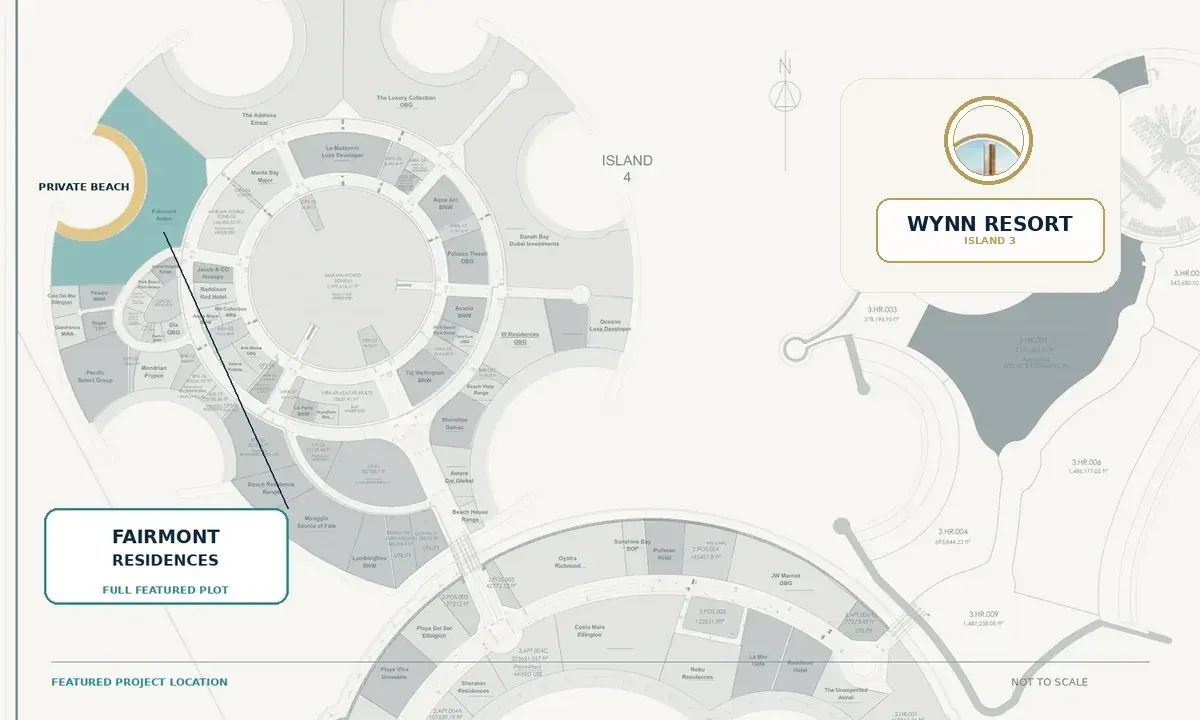 Fairmont Residences Al Marjan Island location map showing the project parcel and private beach