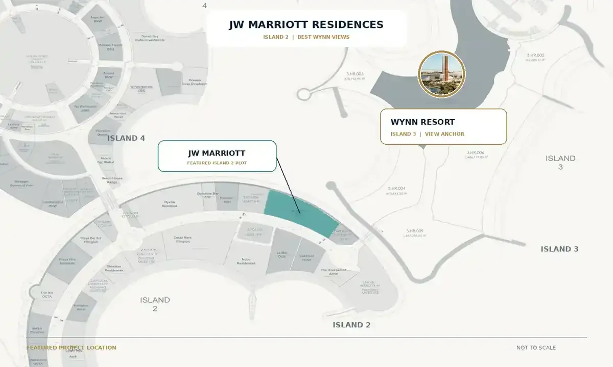 JW Marriott Residences Al Marjan Island map highlighting its Island 2 plot opposite Wynn Resort on Island 3