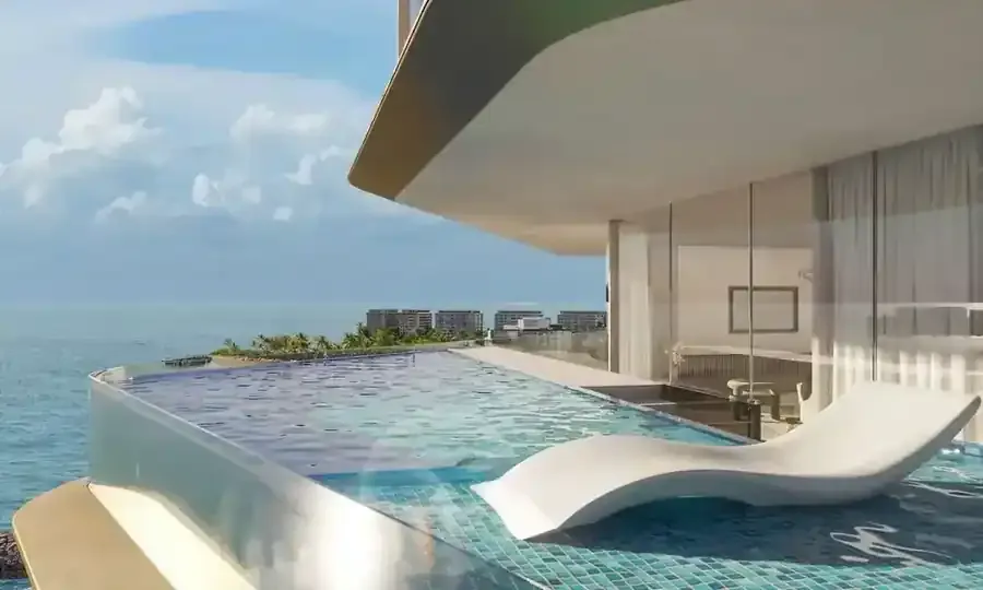 Private pool terrace overlooking the sea at Karl Lagerfeld Beach Residences
