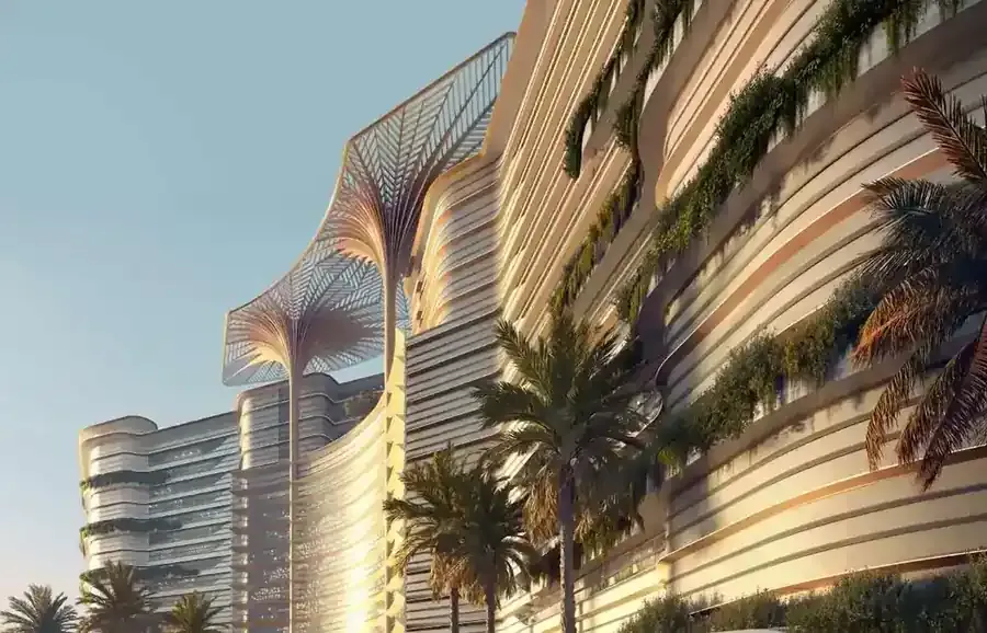 Curved facade and landscaped arrival at Karl Lagerfeld Beach Residences