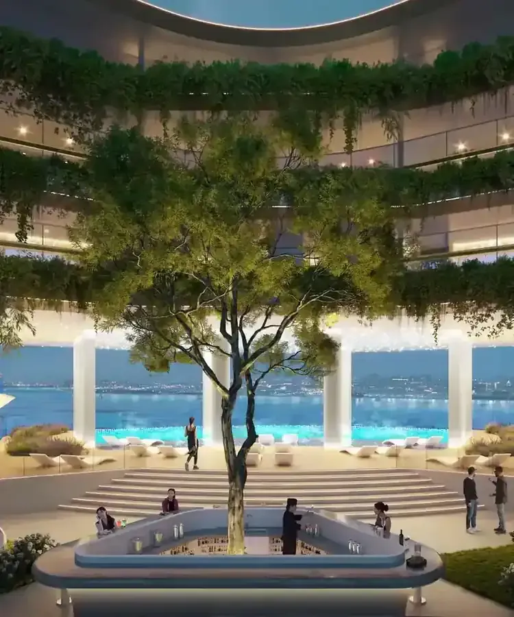 Sky bar and landscaped atrium lounge at Karl Lagerfeld Beach Residences