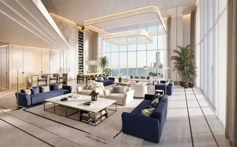Karl Lagerfeld Beach Residences interior with sea-facing glazing and sculptural furniture