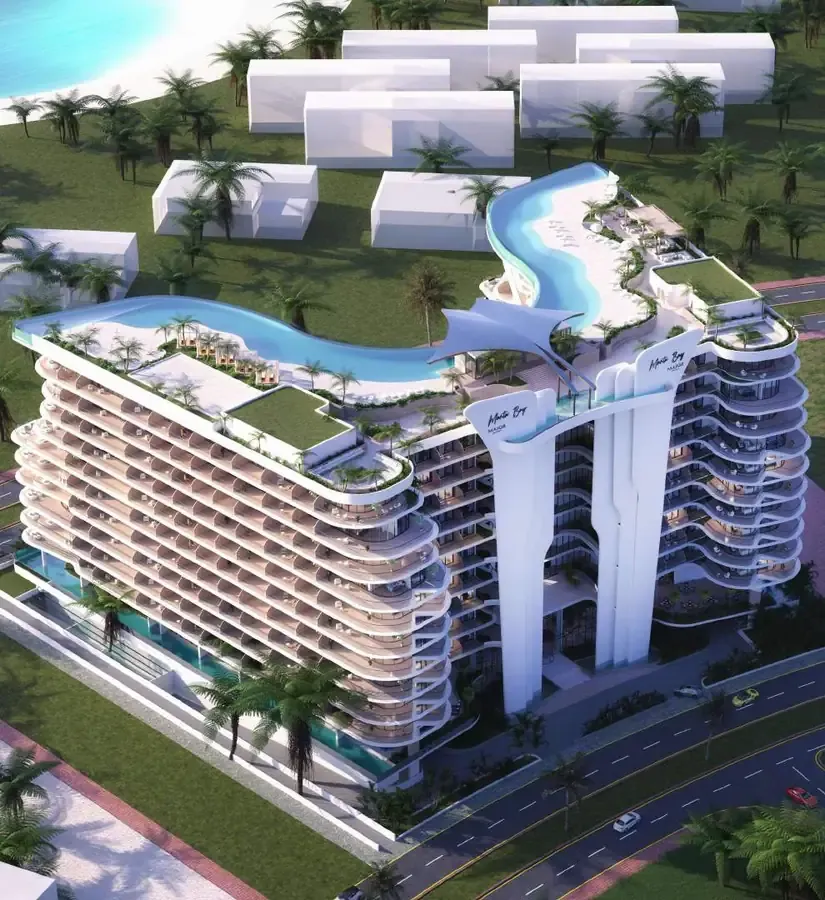 Aerial view of Manta Bay Al Marjan Island and rooftop amenities