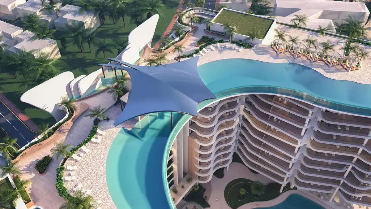 Manta Bay rooftop sandy beach and lagoon