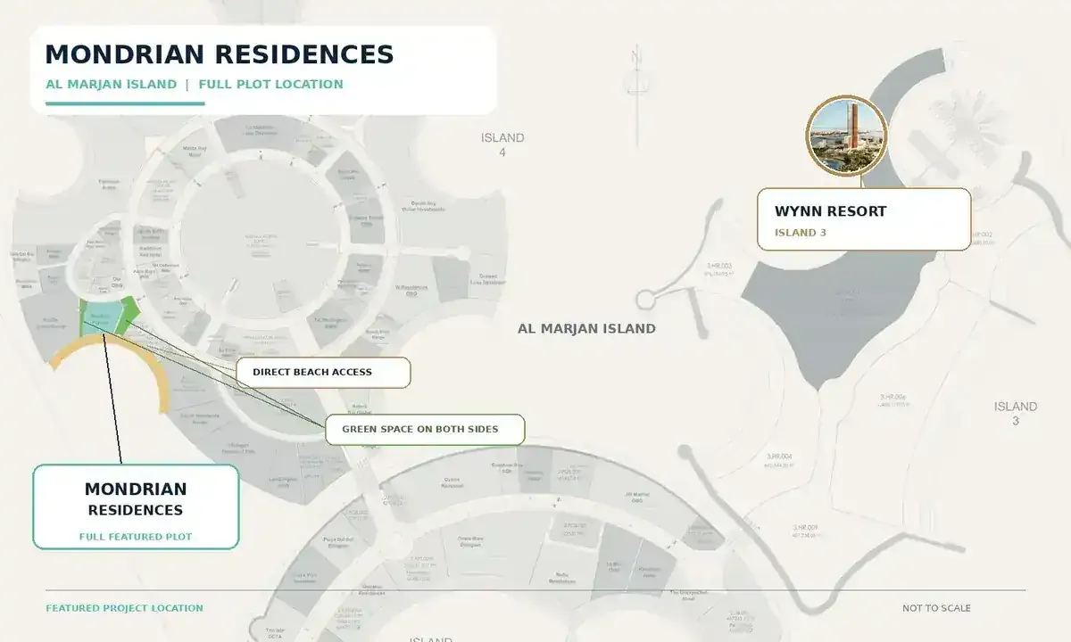 Masterplan showing the full Mondrian Residences parcel and its direct beachfront position on Al Marjan Island