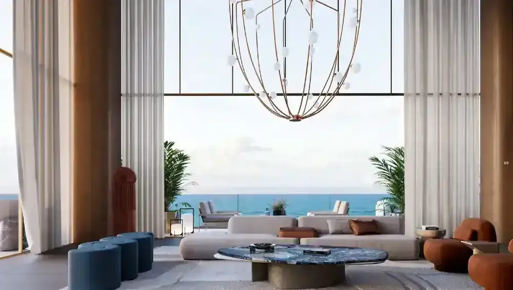 Artist impression of a Mondrian Sky Collection living room with ocean view