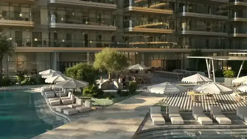 Artist impression of the landscaped courtyard pool and bar at Mondrian Al Marjan
