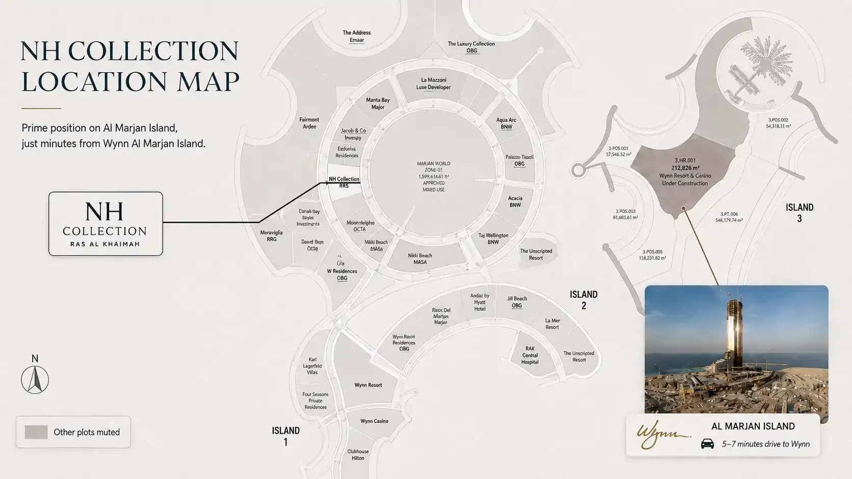 NH Collection location map showing the NH Collection plot and Wynn Al Marjan Island with surrounding plots muted