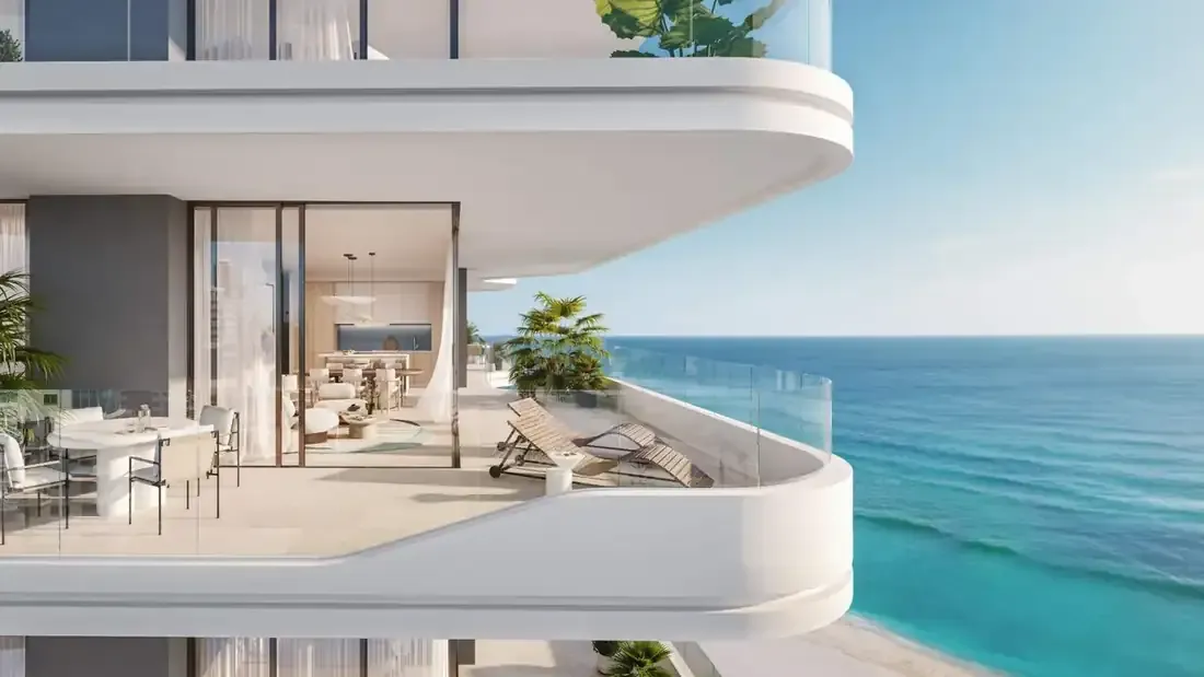 Artist impression of a curved Nikki Beach residence balcony facing the Arabian Gulf