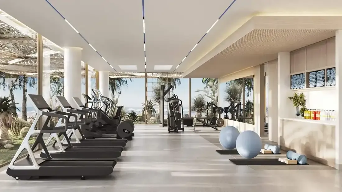 Artist impression of the sea-facing fitness studio at Nikki Beach Residences