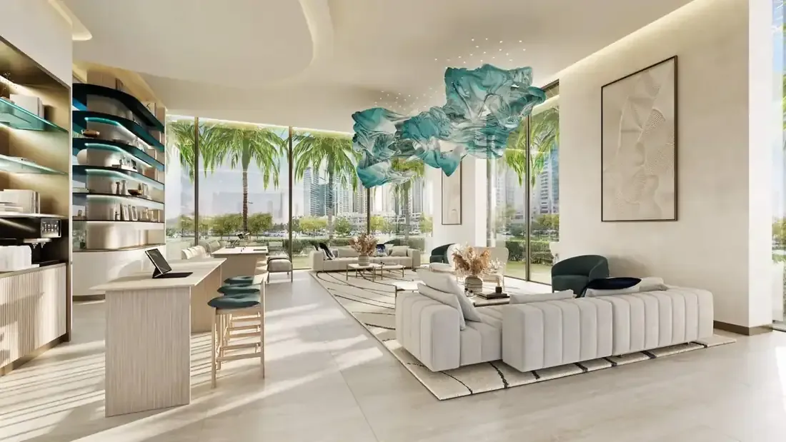 Artist impression of a bright residents lounge at Nikki Beach Residences