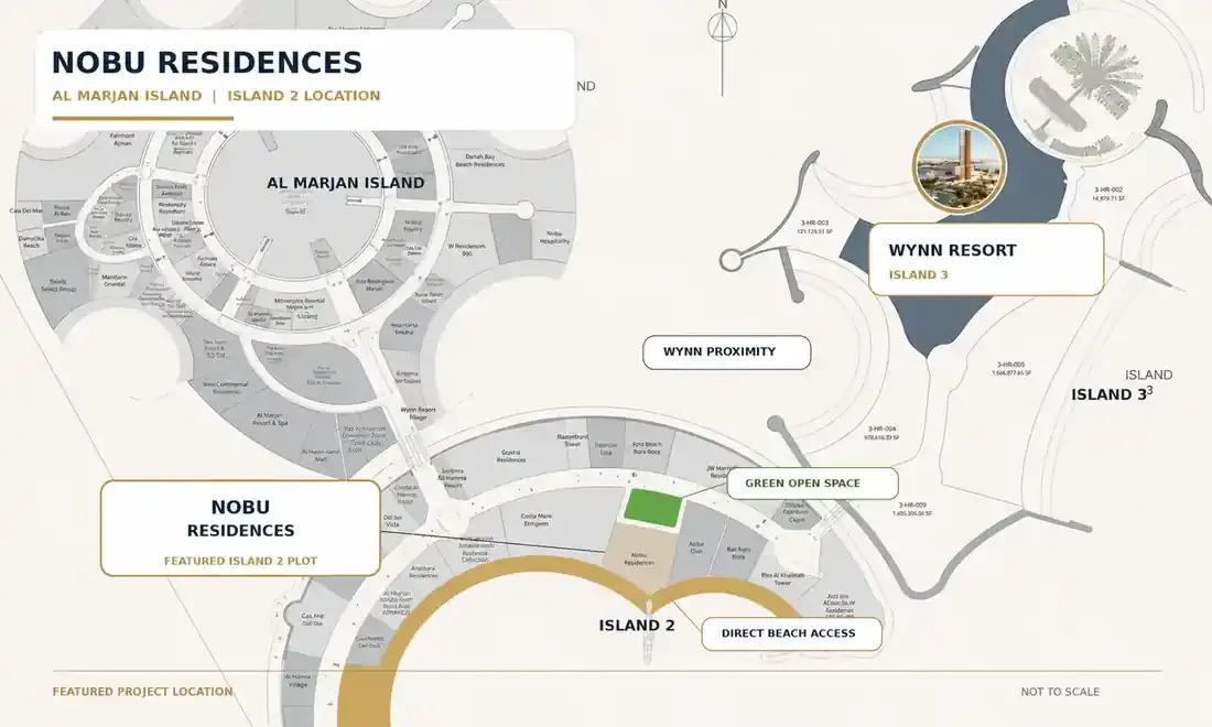 Map highlighting the Nobu Residences plot on Island 2 and Wynn Resort on Island 3, Al Marjan Island