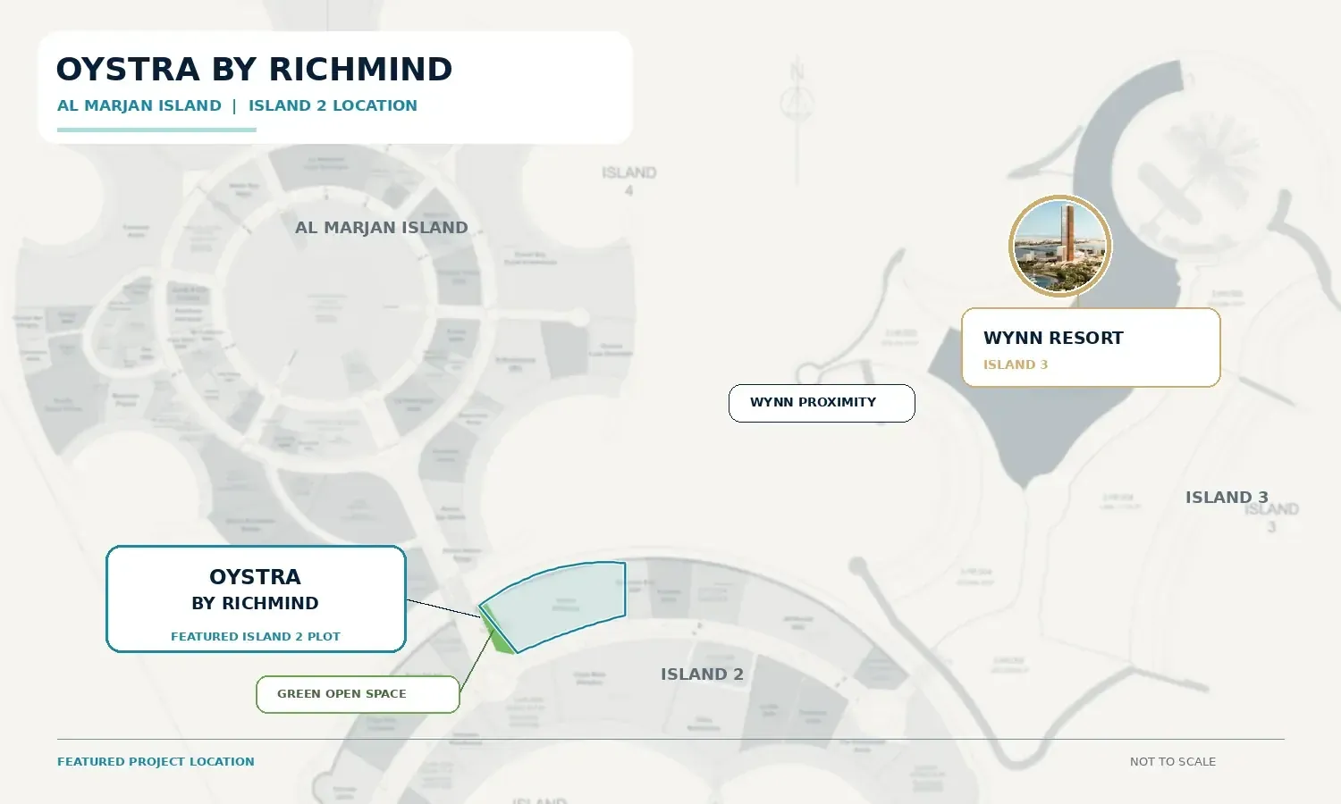 Map highlighting the Oystra by Richmind plot on Island 2 and Wynn Resort on Island 3, Al Marjan Island