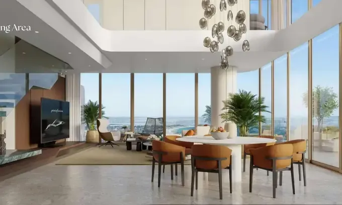 Double-height furnished living and dining interior proposed for Palazzo Tissoli