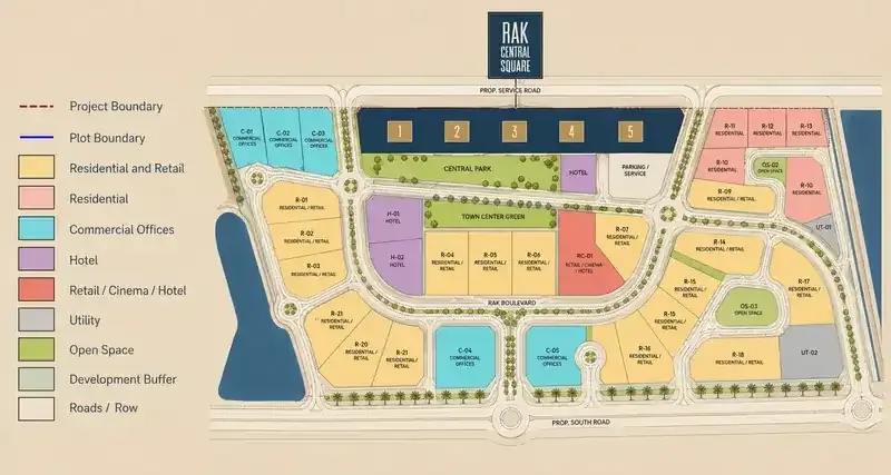 RAK Central masterplan showing residential, office, hotel and public-realm plots