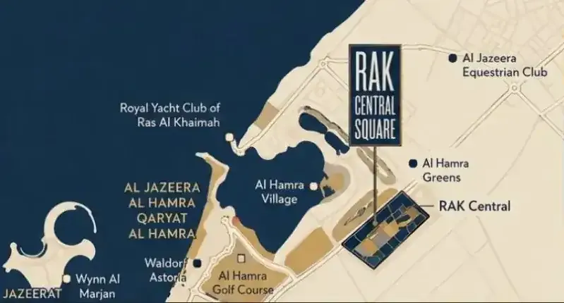 Map showing the location of RAK Central between Al Hamra Village and Al Marjan Island