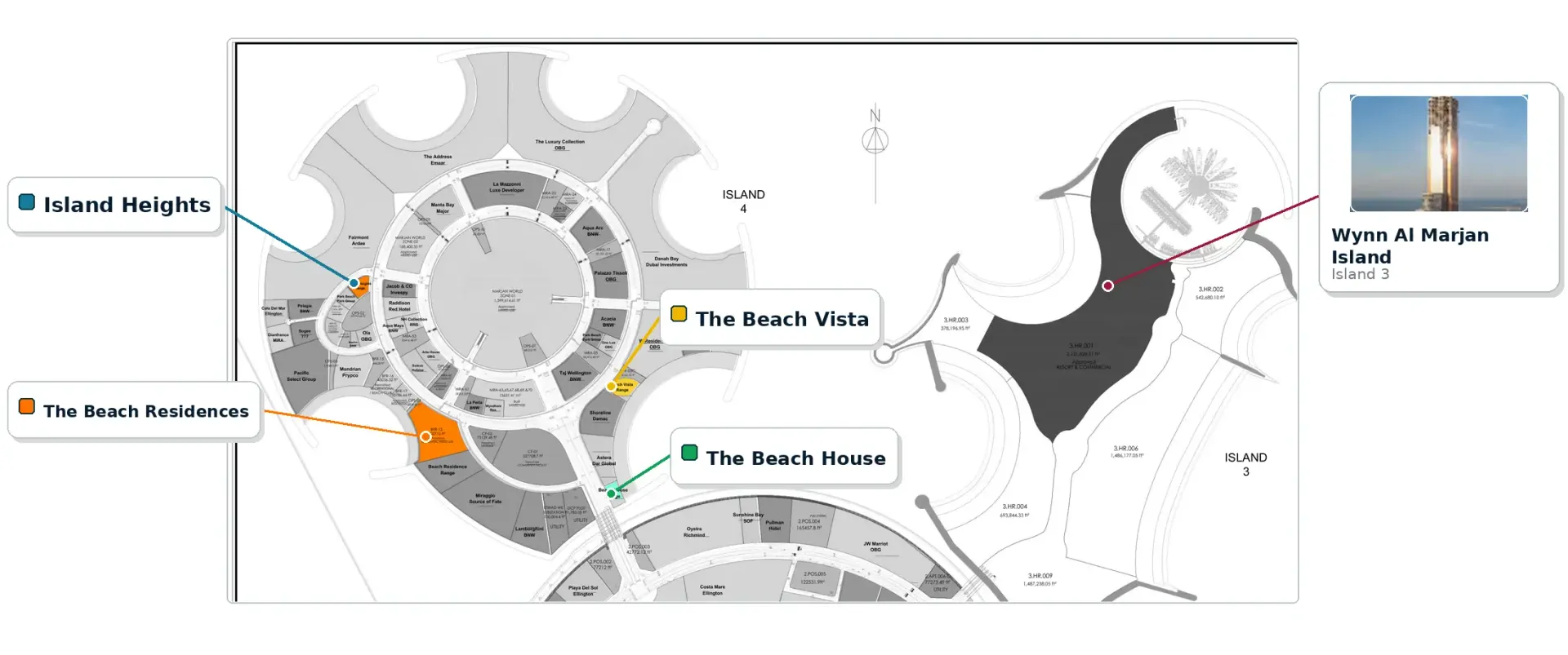 Al Marjan Island map showing The Beach House, The Beach Residences, The Beach Vista and Island Heights in relation to Wynn Al Marjan Island on Island 3