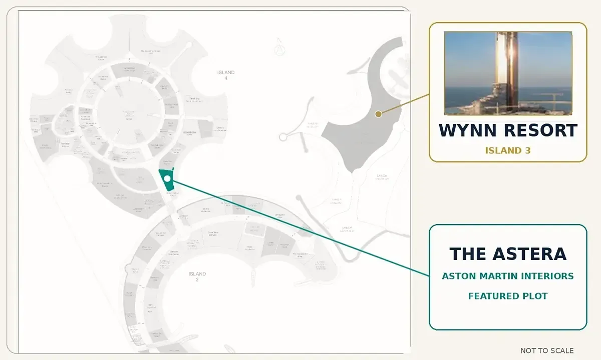 Muted Al Marjan Island map with The Astera highlight clipped precisely inside the verified plot boundary and Wynn Resort shown on Island 3