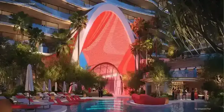 Illuminated red arch at The Unexpected Al Marjan Island