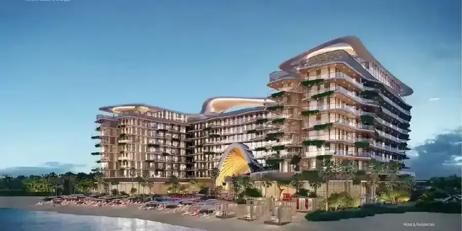Dusk exterior illustration of The Unexpected Hotel and Residences