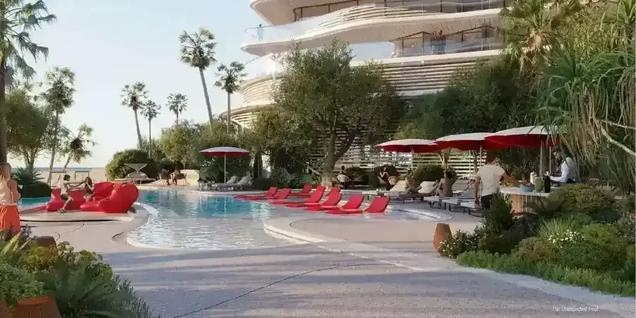 Illustrative landscaped pool deck at The Unexpected Al Marjan Island