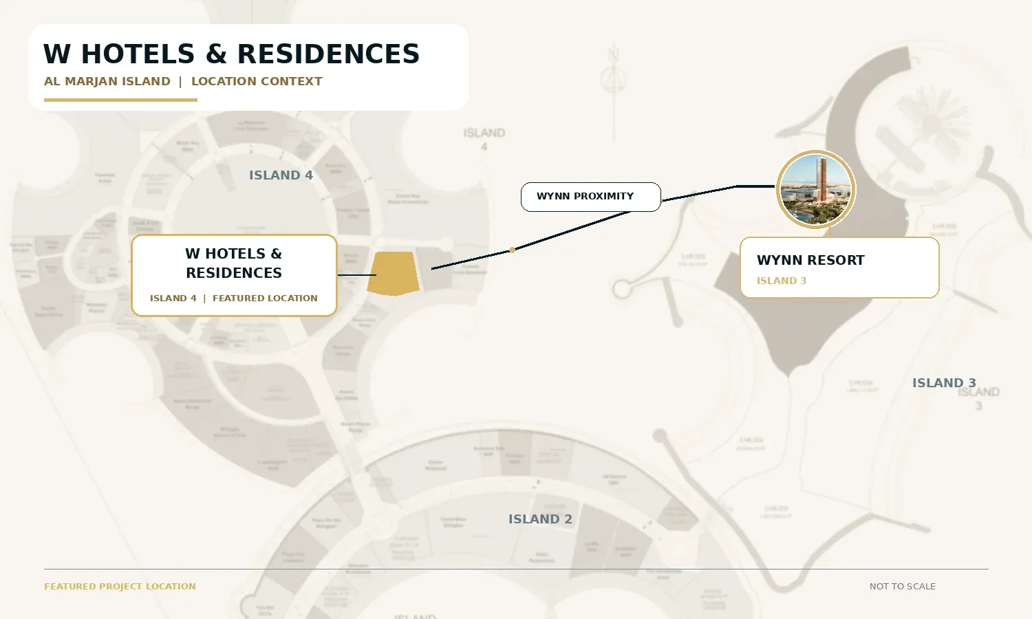 Map showing the W Hotels and Residences plot on Island 4 and Wynn Resort on Island 3, Al Marjan Island