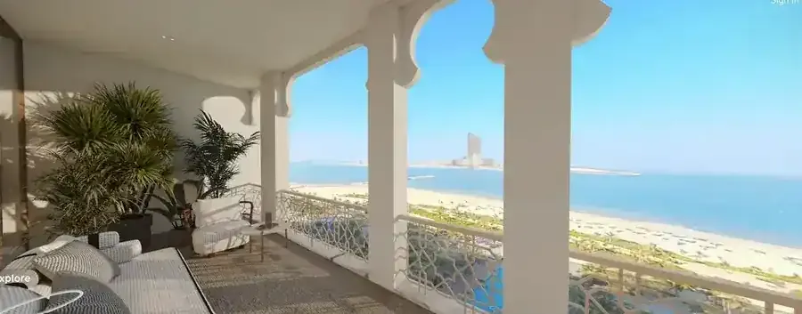 Front-facing Waldorf Astoria Residence balcony with an Arabian Gulf and Wynn view