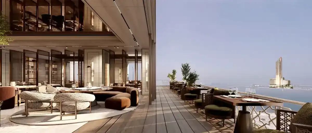 Artist impression of a Waldorf Astoria Residence terrace facing the sea and Al Marjan Island