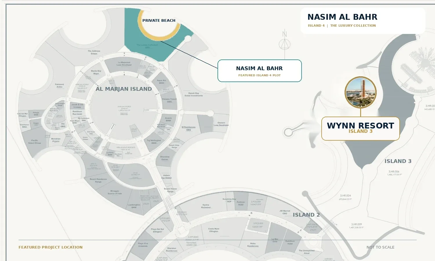 Nasim Al Bahr Al Marjan Island location map highlighting the Island 4 plot, private beach and Wynn Resort on Island 3