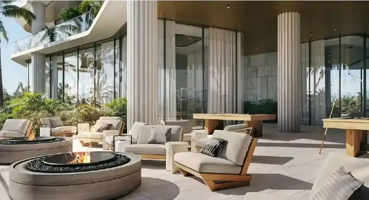 Artist impression of the outdoor social terrace with seating and fire pits