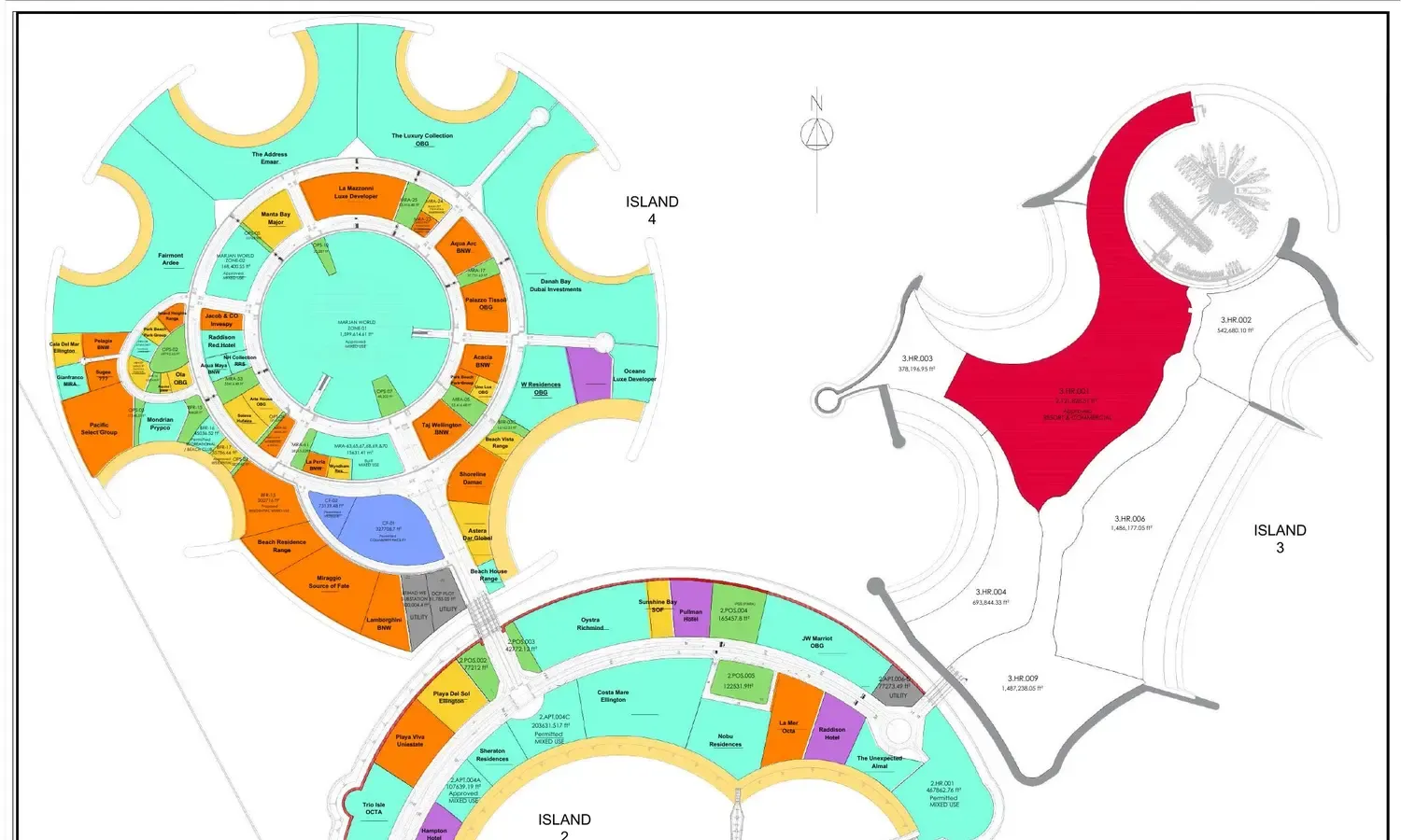 Al Marjan Island masterplan with the Wyndham Residences plot highlighted on Island 4 and Wynn Resort identified on Island 3