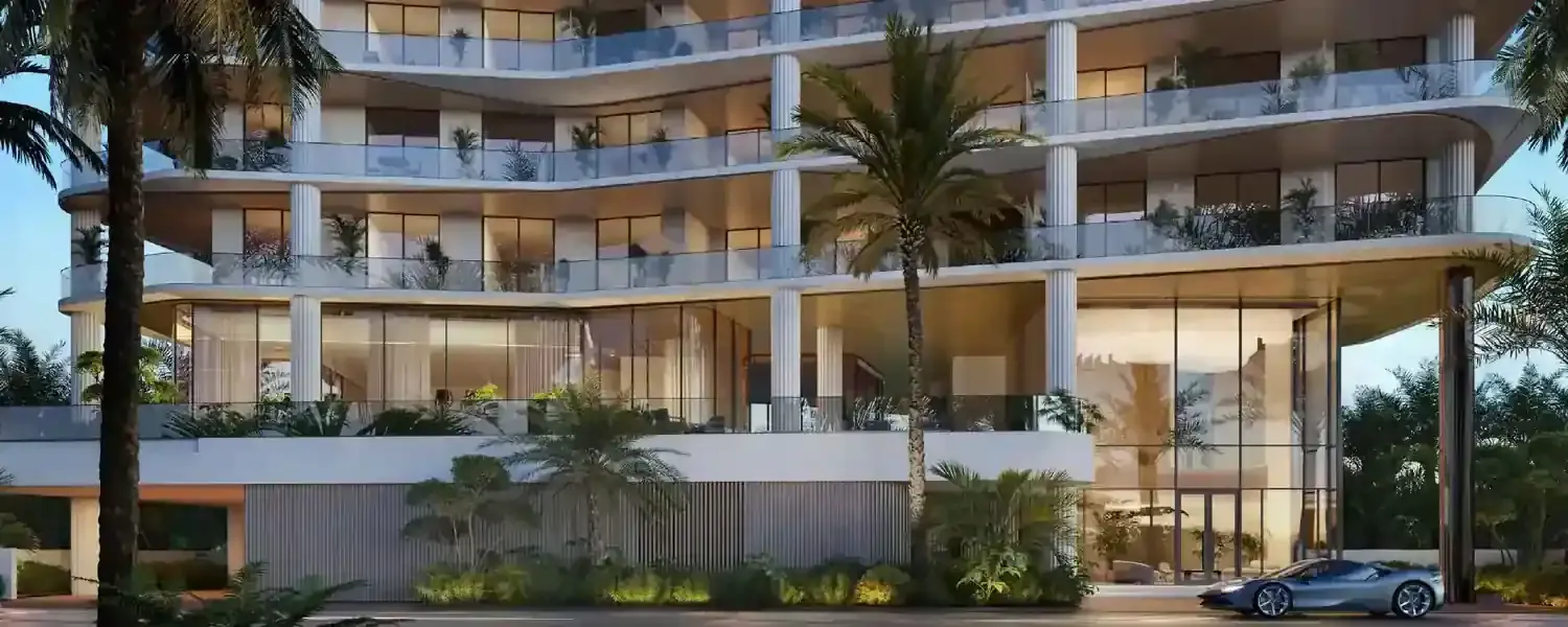 Artist impression of the curved Wyndham Residences Al Marjan Island exterior and arrival